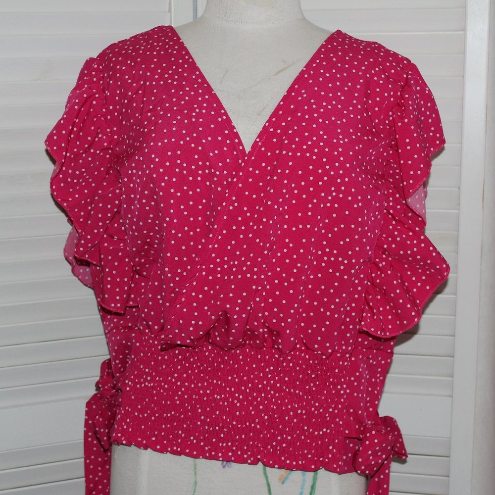 SHEIN Curve  VCAY  Ruffle Trim Shirred Knotted  Polk-a-Dot Crop Top Pink sz 3X